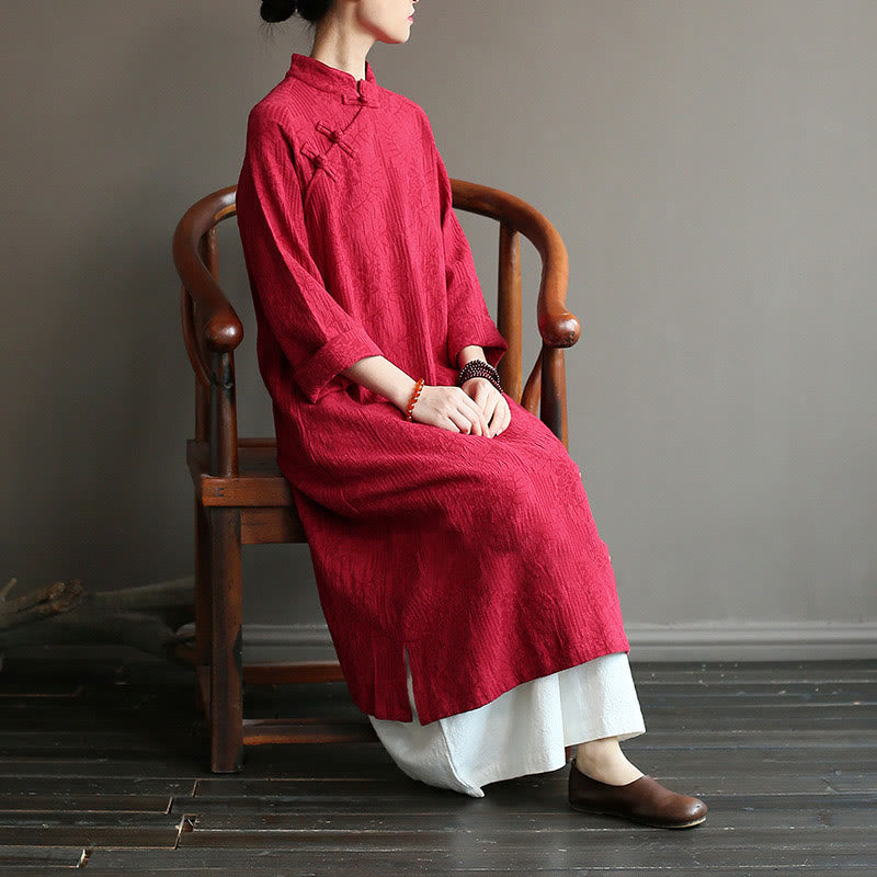 Robe midi jacquard à motif de fleurs et Buddha Stones , manches longues, en coton et lin, pantalon large à poches - image 30