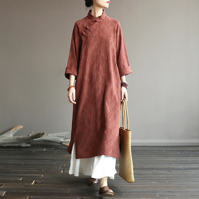 Robe mi-longue en jacquard à fleurs et Buddha Stones Robe en coton et lin à manches longues Pantalon large avec poches