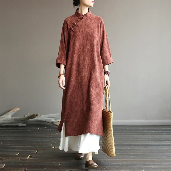 Robe mi-longue en jacquard à fleurs et Buddha Stones Robe en coton et lin à manches longues Pantalon large avec poches