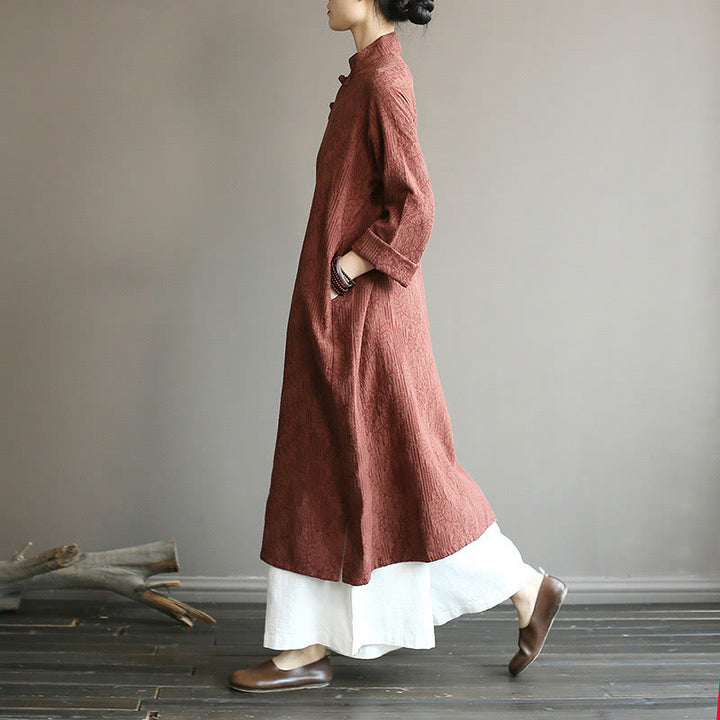 Robe midi jacquard à motif de fleurs et Buddha Stones , manches longues, en coton et lin, pantalon large à poches - image 40