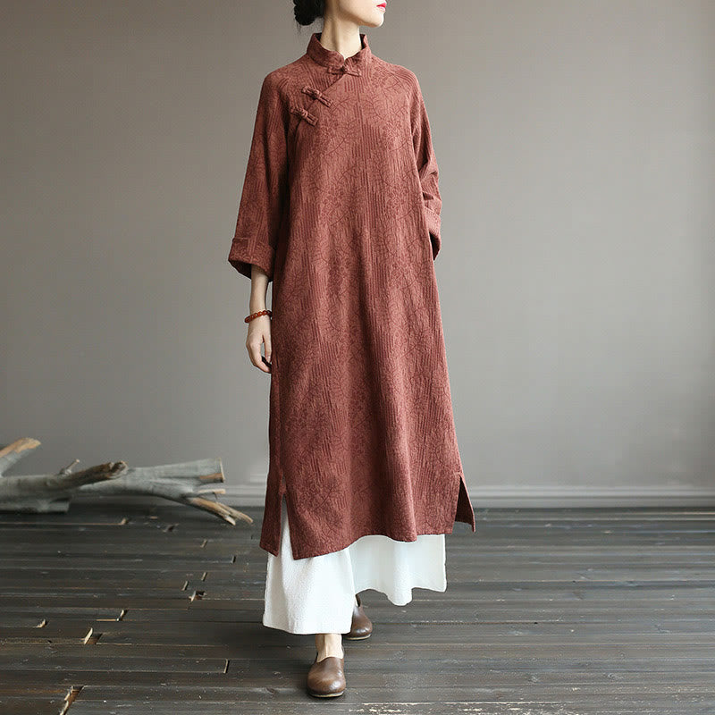 Robe mi-longue en jacquard à fleurs et Buddha Stones Robe en coton et lin à manches longues Pantalon large avec poches