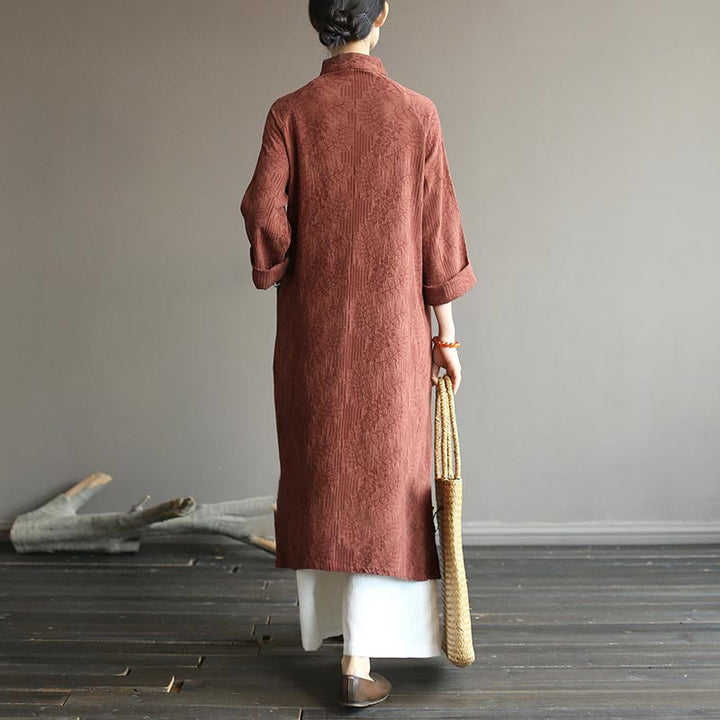 Robe mi-longue en jacquard à fleurs et Buddha Stones Robe en coton et lin à manches longues Pantalon large avec poches