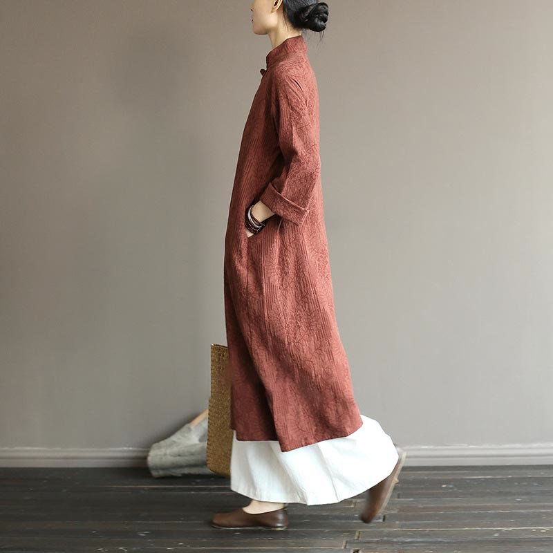 Robe midi jacquard à motif de fleurs et Buddha Stones , manches longues, en coton et lin, pantalon large à poches - image 35