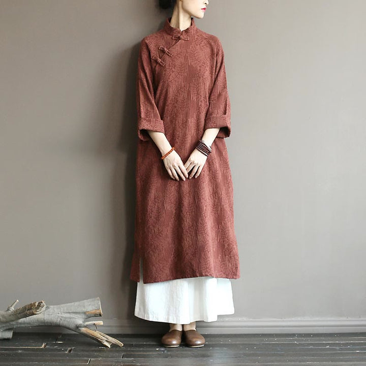 Robe midi jacquard à motif de fleurs et Buddha Stones , manches longues, en coton et lin, pantalon large à poches - Robe et pantalon marron - US4-8/10，UK/AU8-12/14，EU36-40/42 (F) - image 33