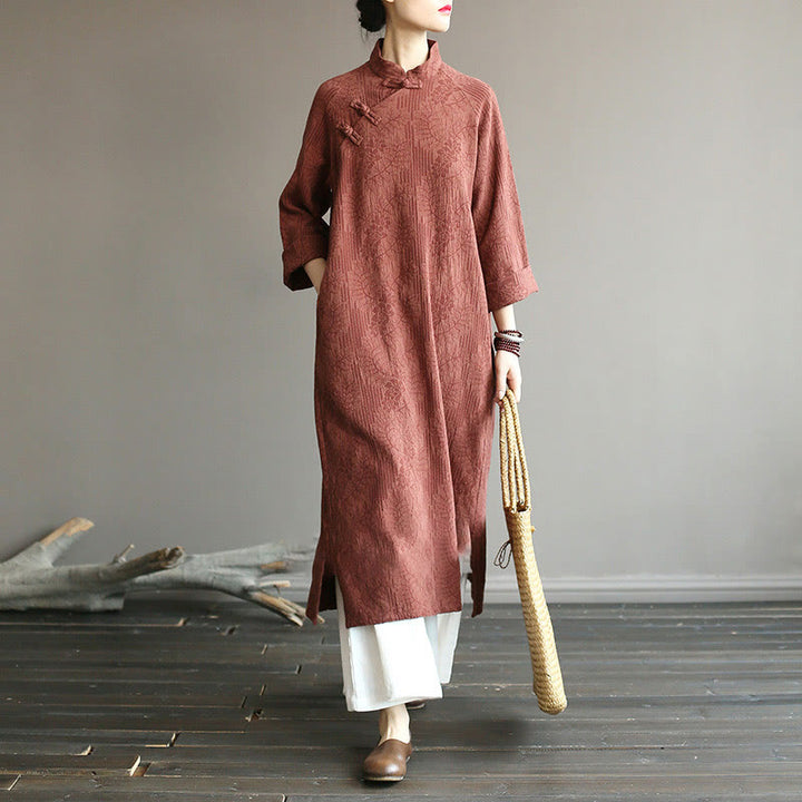 Robe midi jacquard à motif de fleurs et Buddha Stones , manches longues, en coton et lin, pantalon large à poches - image 34