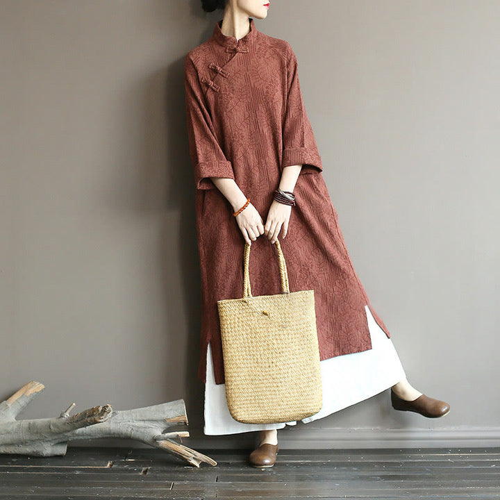 Robe mi-longue en jacquard à fleurs et Buddha Stones Robe en coton et lin à manches longues Pantalon large avec poches