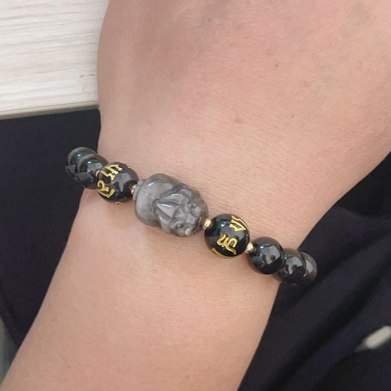 Bracelet de protection Om Mani Padme Hum Pixiu en obsidienne noire et Buddha Stones naturelles brillantes argentées