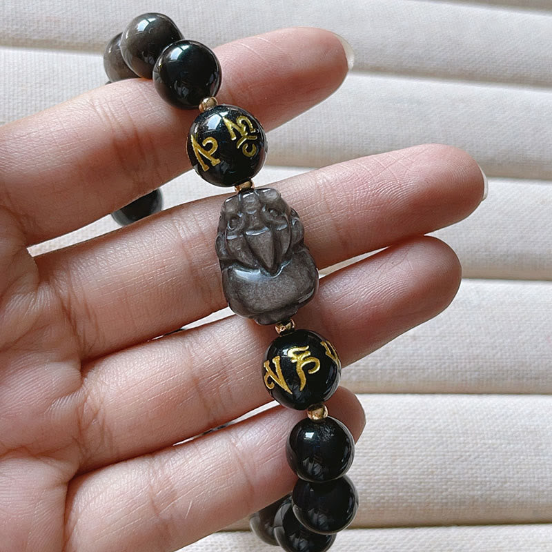 Bracelet de protection Om Mani Padme Hum Pixiu en obsidienne noire et Buddha Stones naturelles brillantes argentées