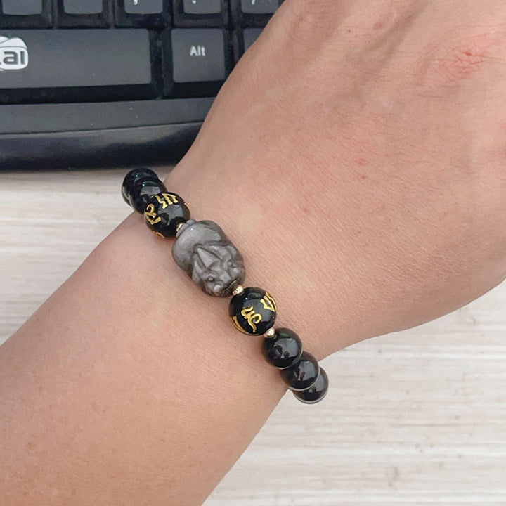 Bracelet de protection Om Mani Padme Hum Pixiu en obsidienne noire et Buddha Stones naturelles brillantes argentées