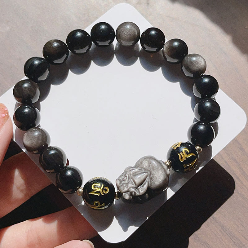 Bracelet de protection Om Mani Padme Hum Pixiu en obsidienne noire et Buddha Stones naturelles brillantes argentées