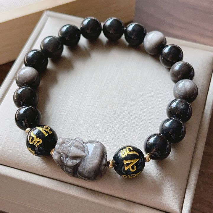Bracelet de protection Om Mani Padme Hum Pixiu en obsidienne noire et Buddha Stones naturelles brillantes argentées