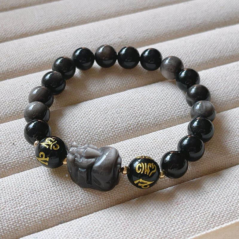 Bracelet de protection Om Mani Padme Hum Pixiu en obsidienne noire et Buddha Stones naturelles brillantes argentées