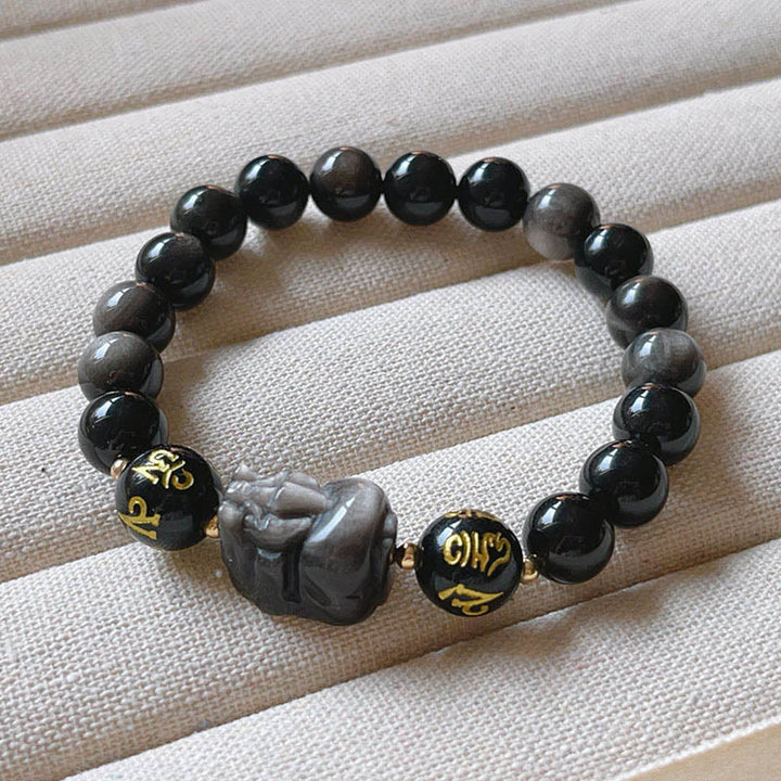 Bracelet de protection Om Mani Padme Hum Pixiu en obsidienne noire et Buddha Stones naturelles brillantes argentées