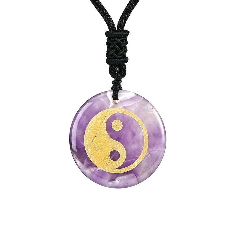 Collier pendentif spirituel Yin Yang en Buddha Stones en cristal varié, améthyste, œil de tigre, aventurine verte