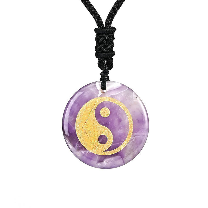 Collier pendentif spirituel Yin Yang en Buddha Stones en cristal varié, améthyste, œil de tigre, aventurine verte