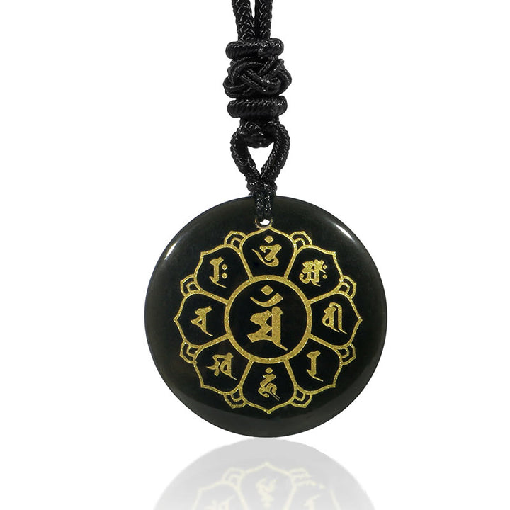 Collier pendentif en obsidienne noire avec Buddha Stones Om Mani Padme Hum et cristaux naturels divers