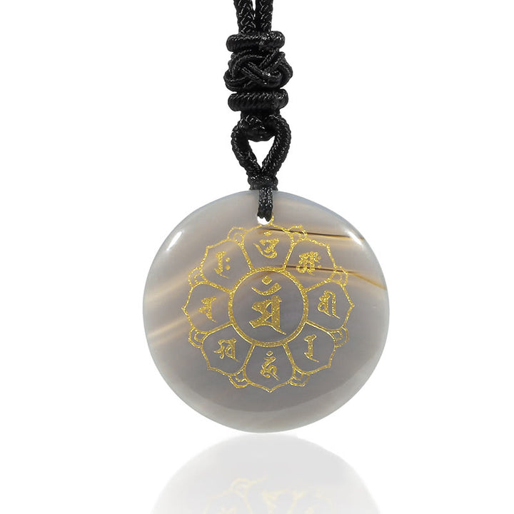 Collier pendentif en obsidienne noire avec Buddha Stones Om Mani Padme Hum et cristaux naturels divers