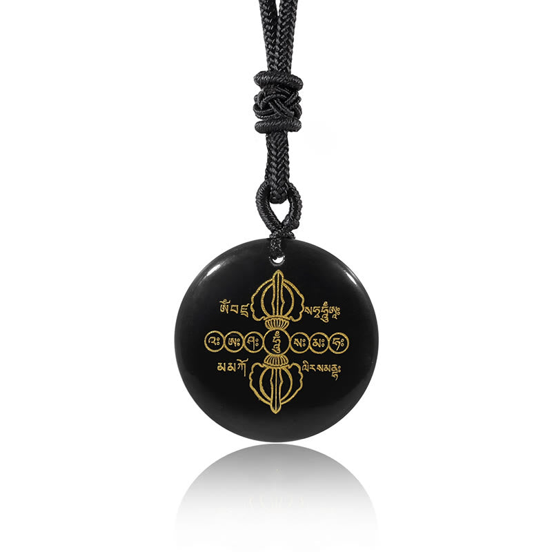 Collier pendentif en obsidienne noire avec Buddha Stones Vajra Dorje à motif sanskrit naturel et divers cristaux