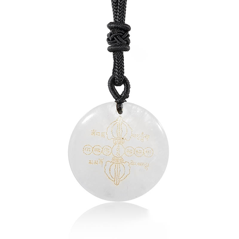 Collier pendentif en obsidienne noire avec Buddha Stones Vajra Dorje à motif sanskrit naturel et divers cristaux