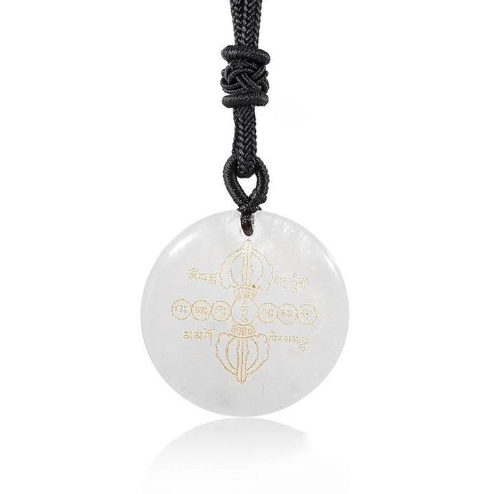 Collier pendentif en obsidienne noire avec Buddha Stones Vajra Dorje à motif sanskrit naturel et divers cristaux