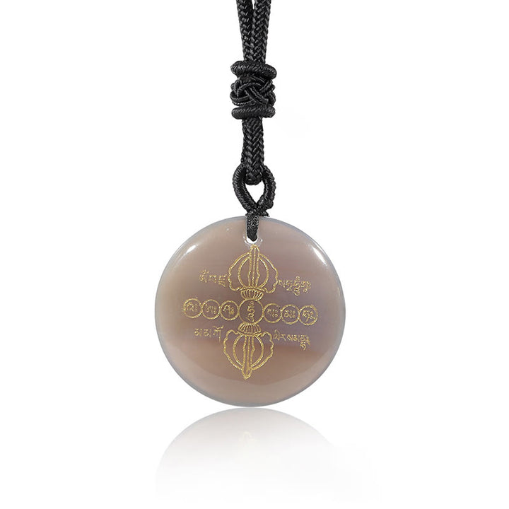 Collier pendentif en obsidienne noire avec Buddha Stones Vajra Dorje à motif sanskrit naturel et divers cristaux