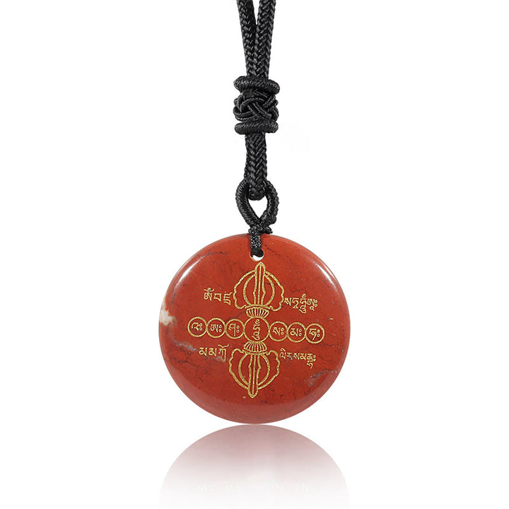 Collier pendentif en obsidienne noire avec Buddha Stones Vajra Dorje à motif sanskrit naturel et divers cristaux