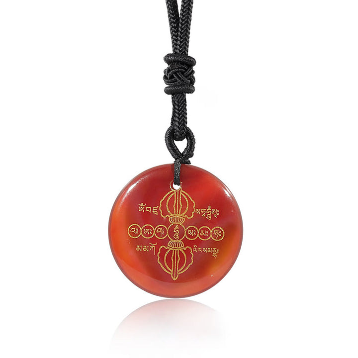Collier pendentif en obsidienne noire avec Buddha Stones Vajra Dorje à motif sanskrit naturel et divers cristaux