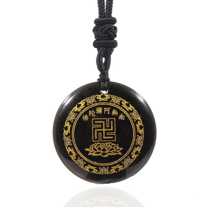 Collier pendentif de purification en obsidienne noire avec Buddha Stones et motif de lotus svastika naturel et divers cristaux