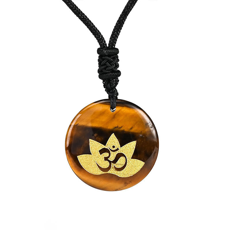 Collier pendentif de guérison en Buddha Stones, symbole OM Lotus, divers cristaux, améthyste, œil de tigre