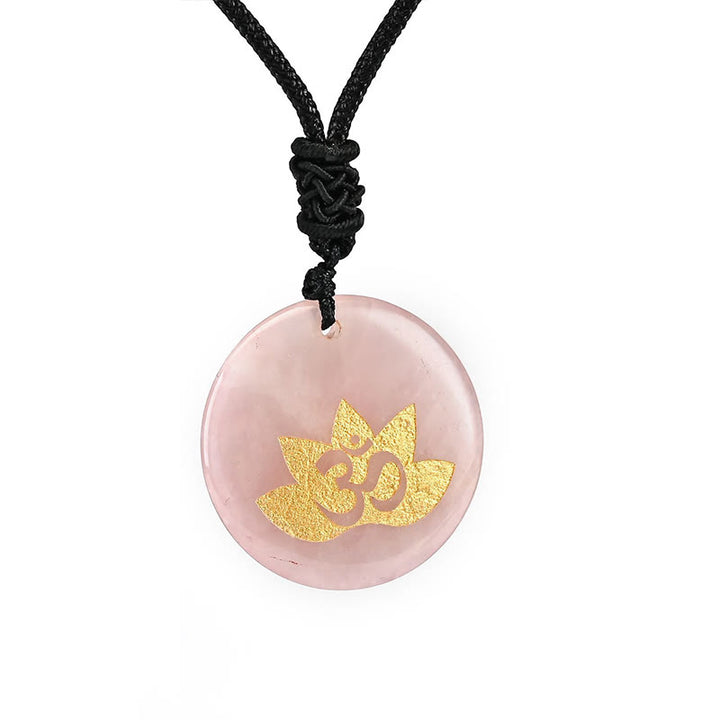 Collier pendentif de guérison en Buddha Stones, symbole OM Lotus, divers cristaux, améthyste, œil de tigre