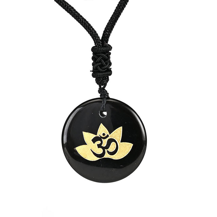 Collier pendentif de guérison en Buddha Stones, symbole OM Lotus, divers cristaux, améthyste, œil de tigre