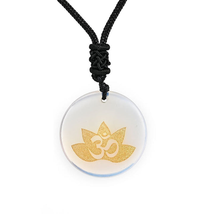Collier pendentif de guérison en Buddha Stones, symbole OM Lotus, divers cristaux, améthyste, œil de tigre