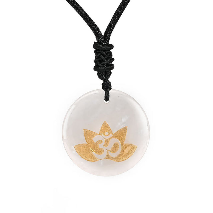 Collier pendentif de guérison en Buddha Stones, symbole OM Lotus, divers cristaux, améthyste, œil de tigre