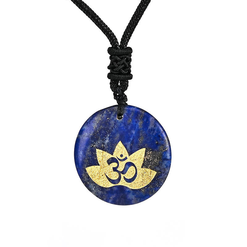 Collier pendentif de guérison en Buddha Stones, symbole OM Lotus, divers cristaux, améthyste, œil de tigre