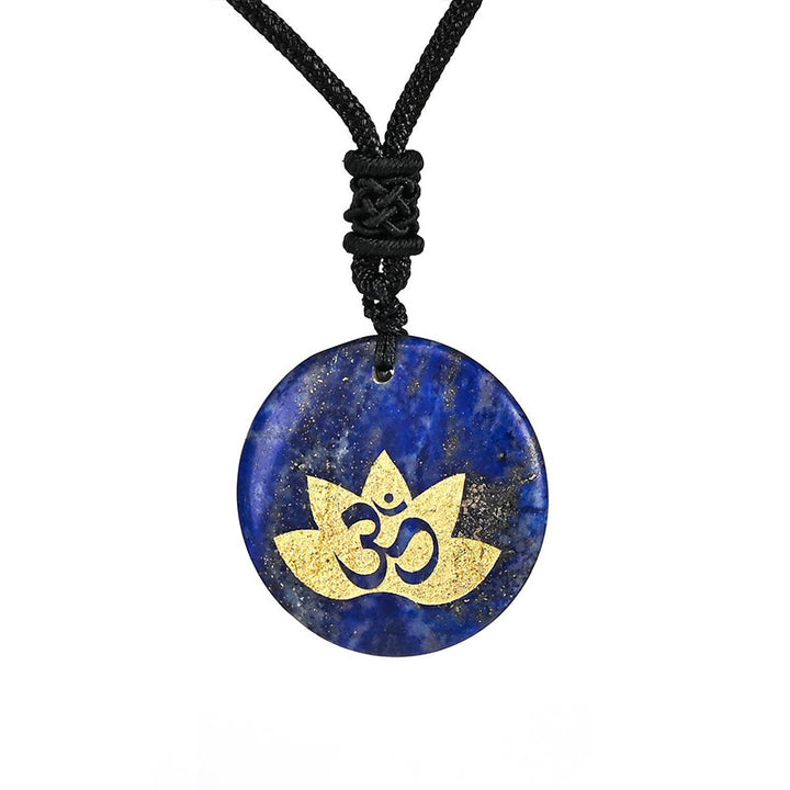Collier pendentif de guérison en Buddha Stones, symbole OM Lotus, divers cristaux, améthyste, œil de tigre