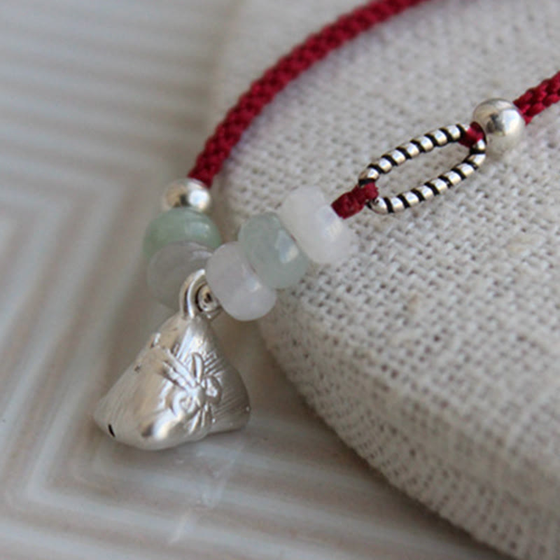 Bracelet d'abondance en argent sterling 925 avec Buddha Stones et jade rouge