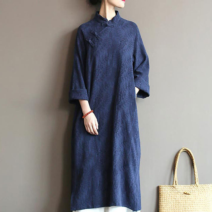 Robe mi-longue en jacquard à fleurs et Buddha Stones Robe en coton et lin à manches longues Pantalon large avec poches