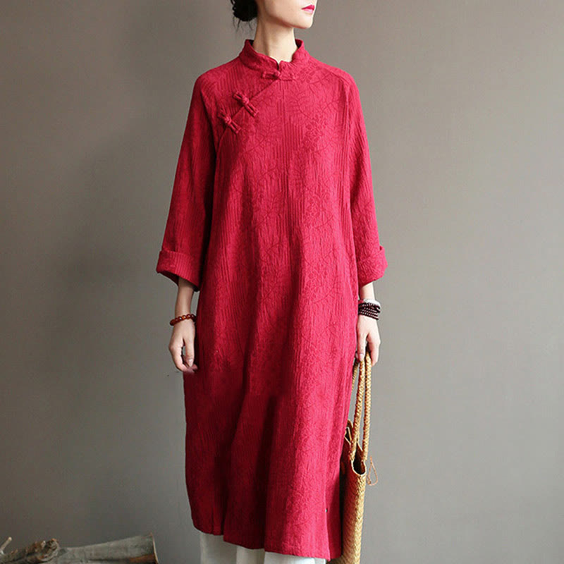 Robe mi-longue en jacquard à fleurs et Buddha Stones Robe en coton et lin à manches longues Pantalon large avec poches