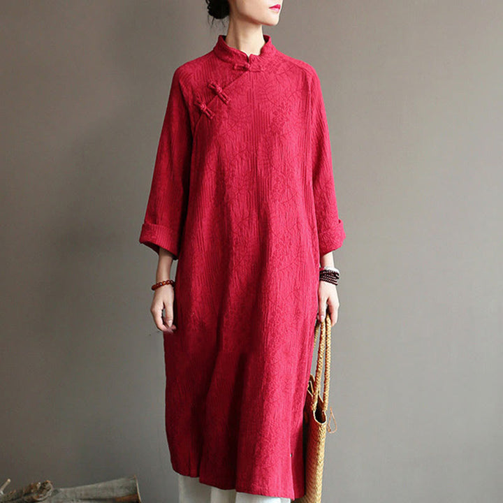 Robe mi-longue en jacquard à fleurs et Buddha Stones Robe en coton et lin à manches longues Pantalon large avec poches