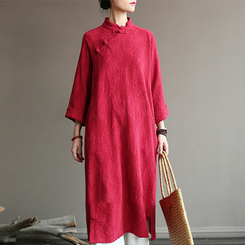 Robe mi-longue en jacquard à fleurs et Buddha Stones Robe en coton et lin à manches longues Pantalon large avec poches