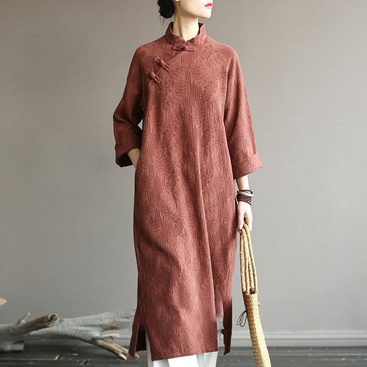 Robe midi jacquard à motif de fleurs et Buddha Stones , manches longues, en coton et lin, pantalon large à poches - image 46