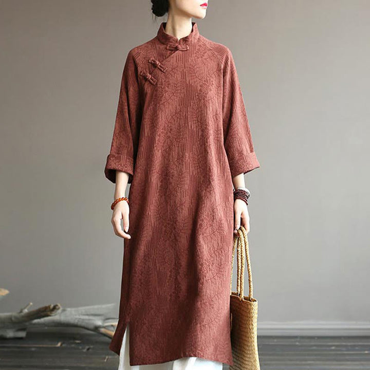 Robe mi-longue en jacquard à fleurs et Buddha Stones Robe en coton et lin à manches longues Pantalon large avec poches
