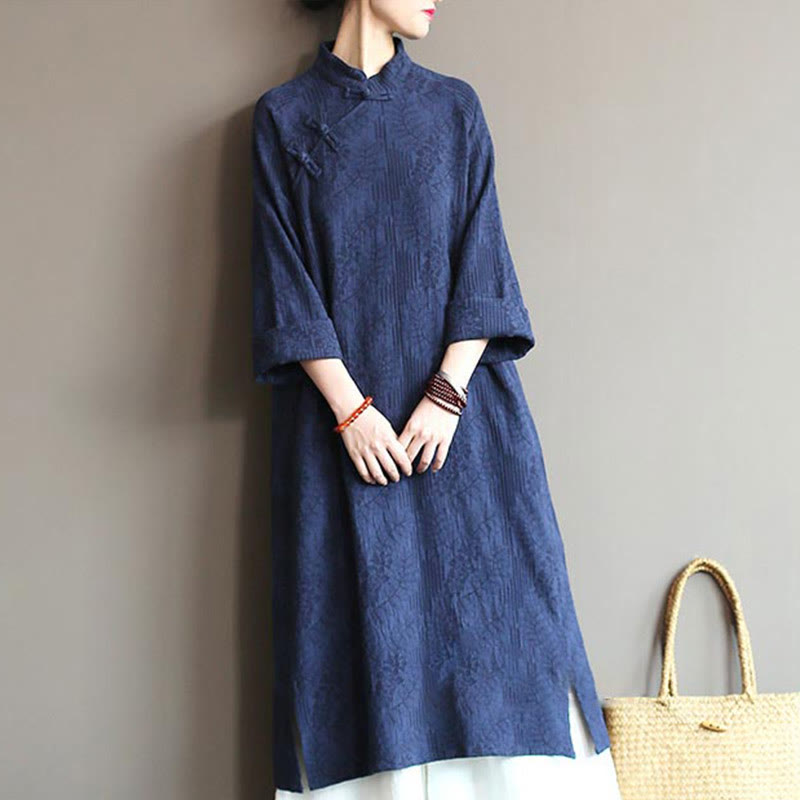 Robe mi-longue en jacquard à fleurs et Buddha Stones Robe en coton et lin à manches longues Pantalon large avec poches