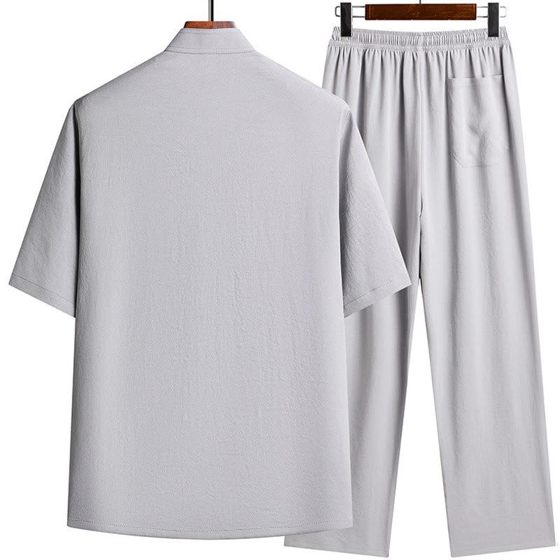 Buddha Stones Fu Caractère Tang Costume Hanfu Uniforme Traditionnel Haut À Manches Courtes Pantalon Vêtements Ensemble Homme - image 5