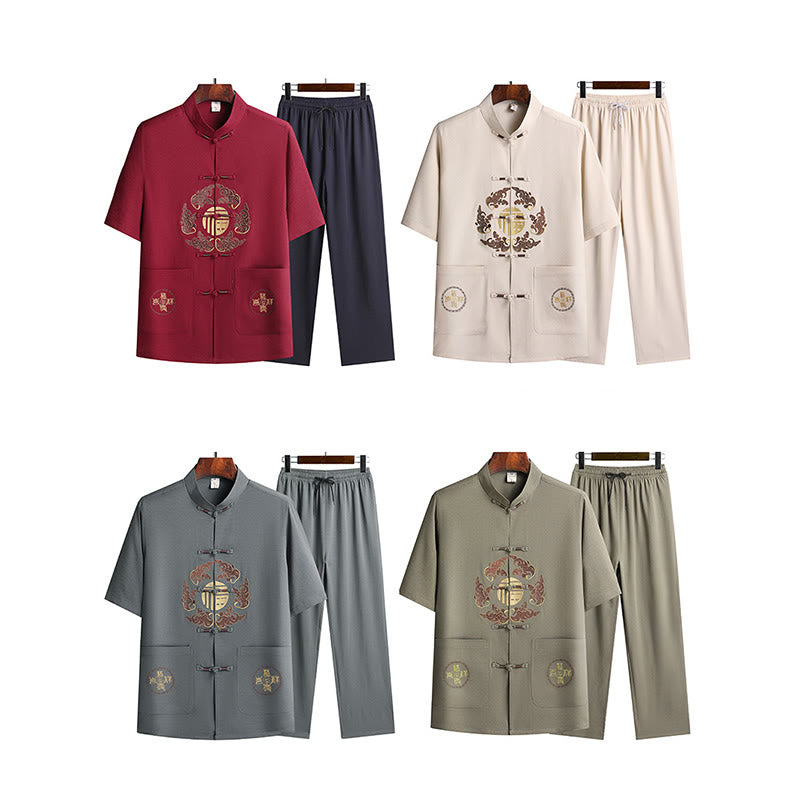 Buddha Stones Fu Caractère Tang Costume Hanfu Uniforme Traditionnel Haut À Manches Courtes Pantalon Vêtements Ensemble Homme - image 1