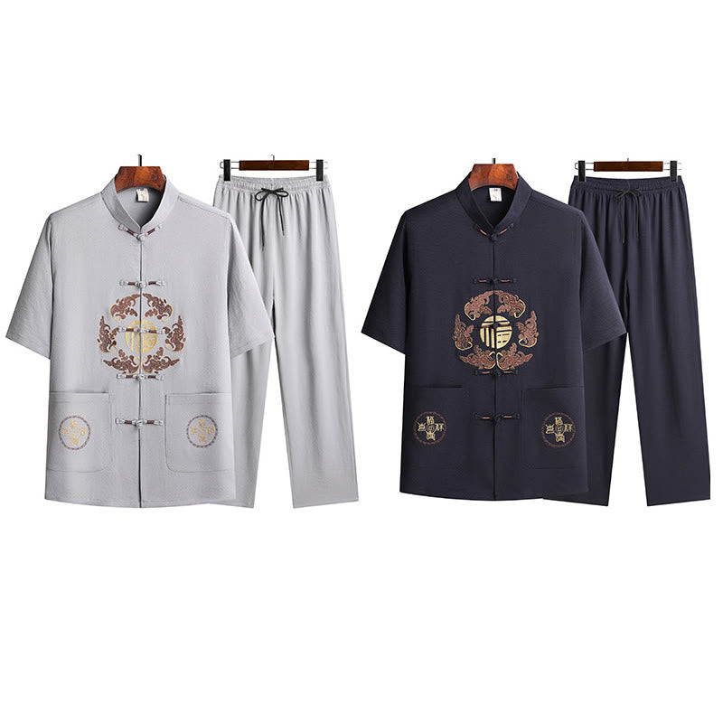 Buddha Stones Fu Caractère Tang Costume Hanfu Uniforme Traditionnel Haut À Manches Courtes Pantalon Vêtements Ensemble Homme - image 30