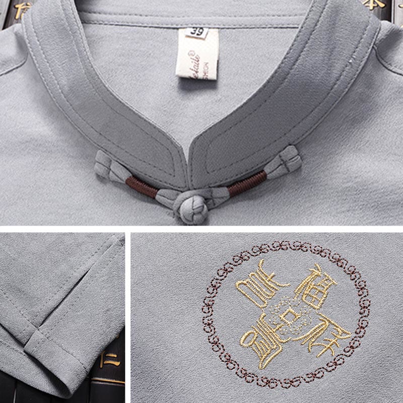 Buddha Stones Fu Caractère Tang Costume Hanfu Uniforme Traditionnel Haut À Manches Courtes Pantalon Vêtements Ensemble Homme - image 8