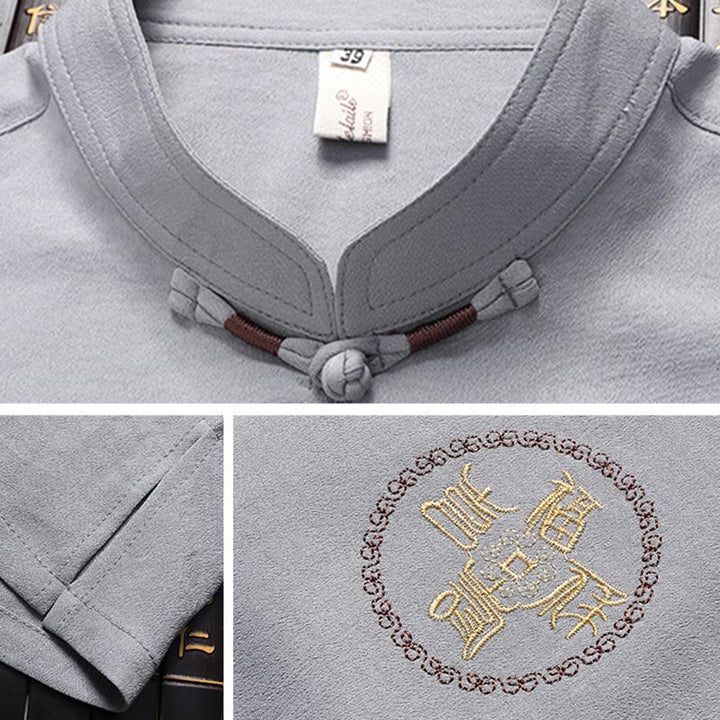 Buddha Stones Fu Caractère Tang Costume Hanfu Uniforme Traditionnel Haut À Manches Courtes Pantalon Vêtements Ensemble Homme - image 8