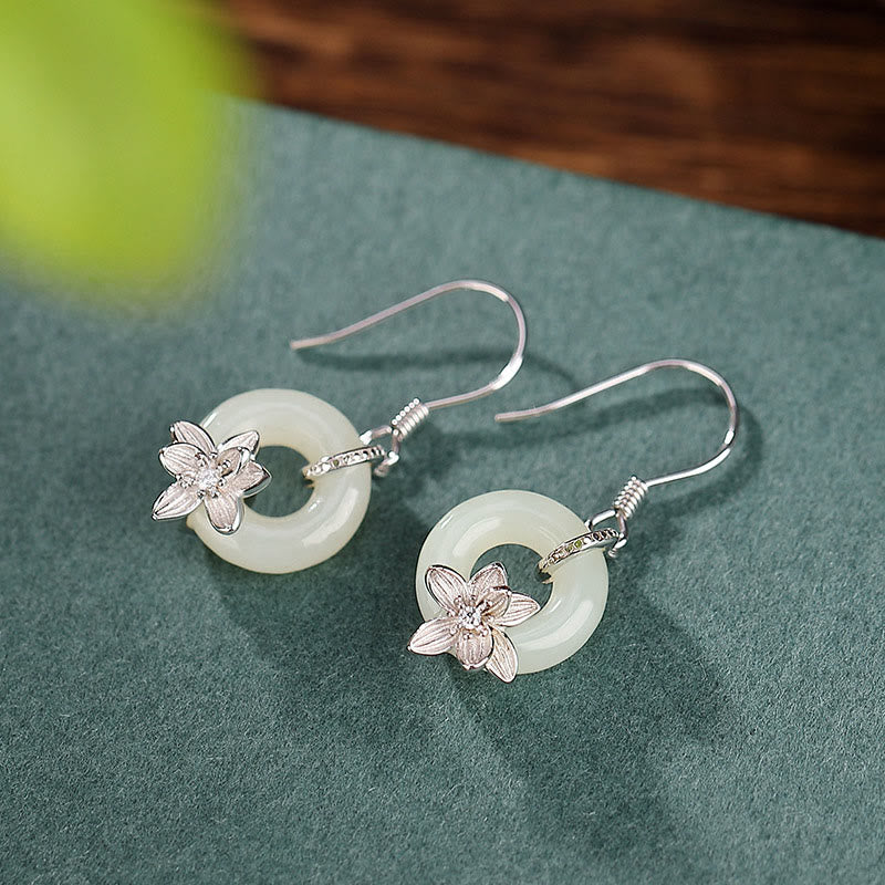 Boucles d'oreilles en argent sterling 925 avec Buddha Stones et jade Hetian, boucle de paix, orchidée, prospérité