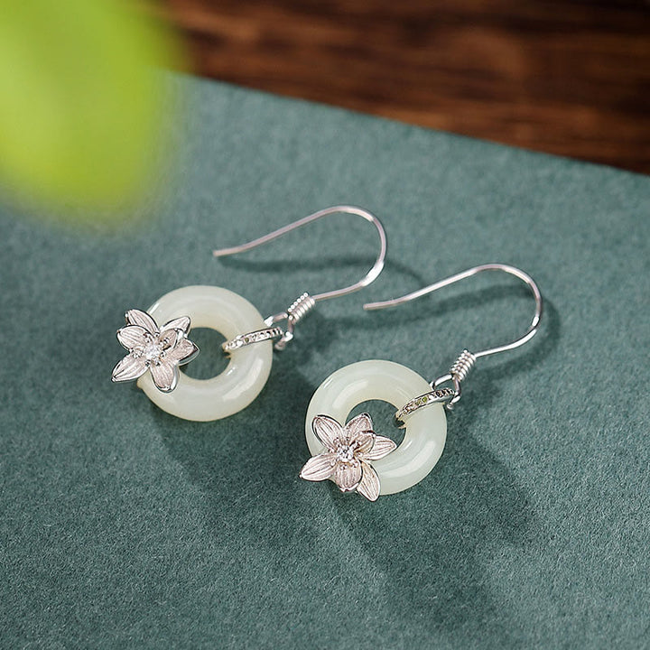 Boucles d'oreilles en argent sterling 925 avec Buddha Stones et jade Hetian, boucle de paix, orchidée, prospérité